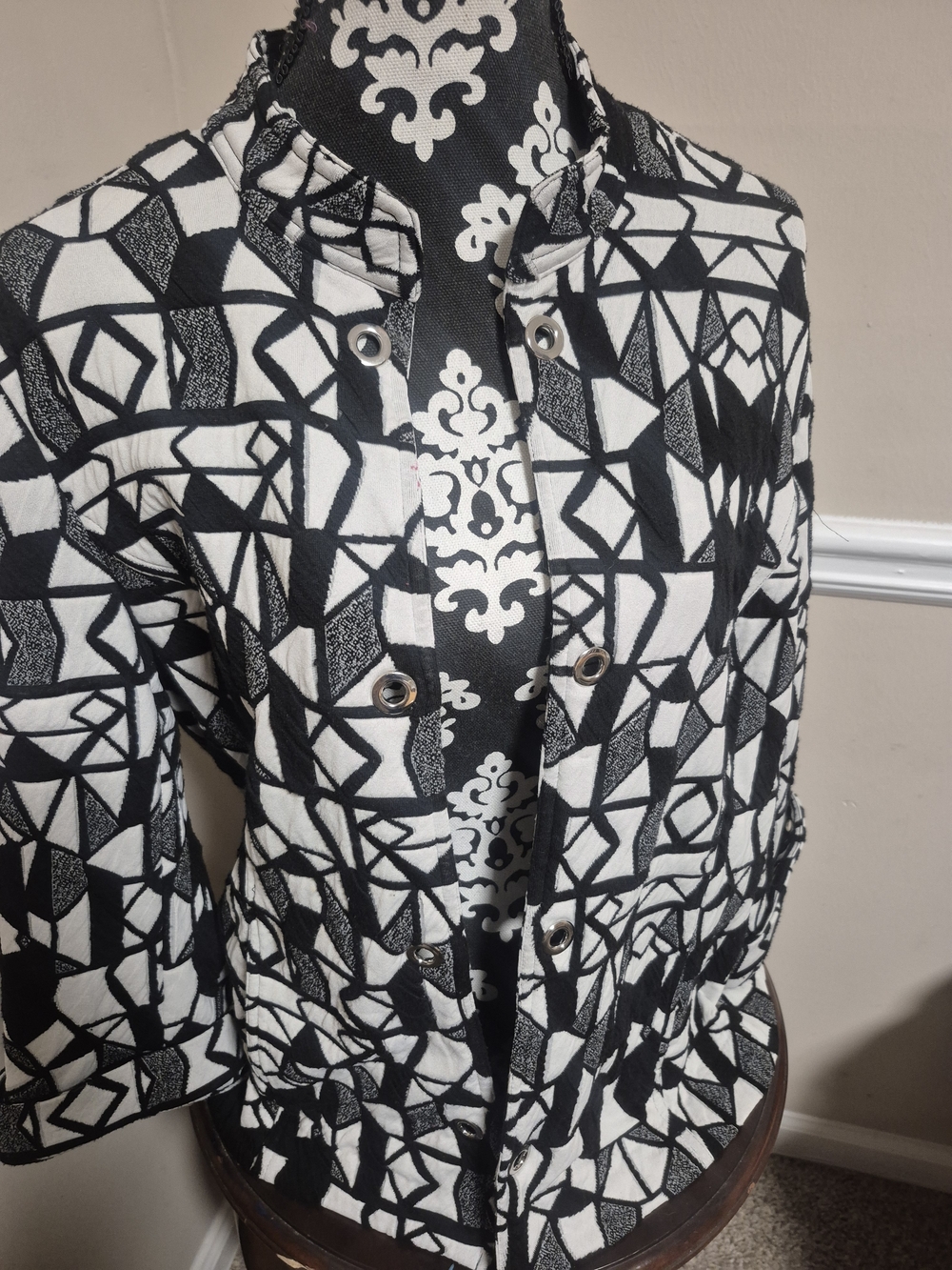 Peck & Peck Black and White Geometric Bomber Jacket